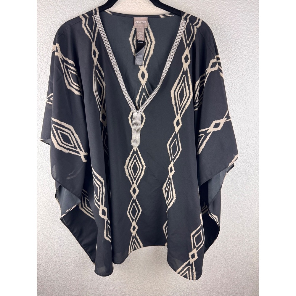 Chicos Black Beige‎ Geometric Print Embellished V Neck Kaftan Top Womens L XL